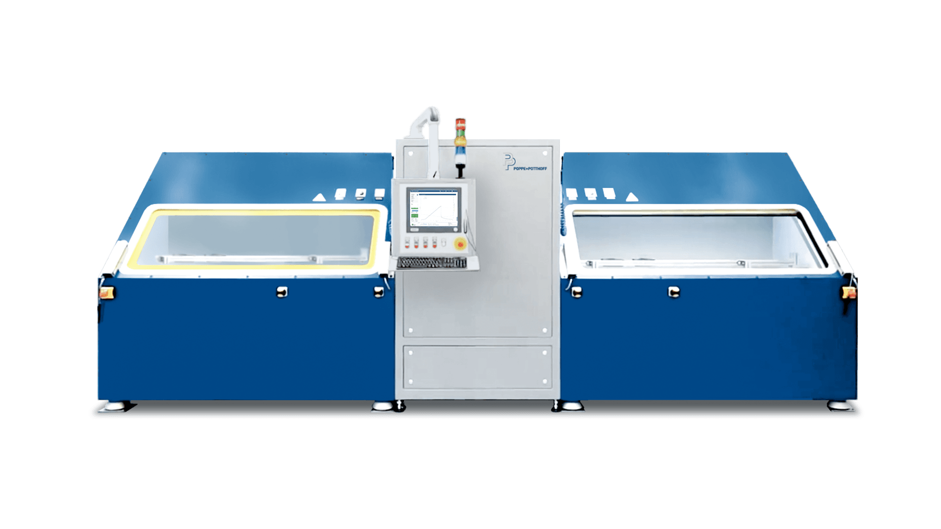 Banco di prova per cicli di scoppio e pressione blu e bianco con due camere di prova e un PC touch.  